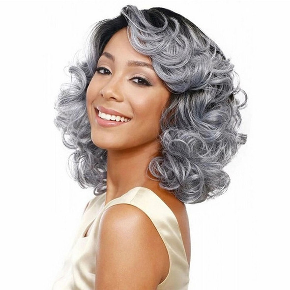 Lady Diagonal Bangs Wig Gradient Short Curly Hair Wig(Black Gradient Gray)