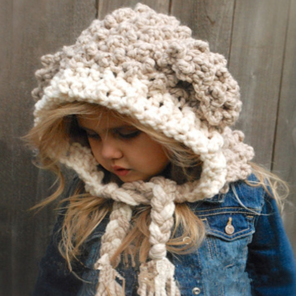 Autumn and Winter Children Warm Knitted Hat Lamb Ear Skullcap Twist Braid Handmade Crochet Woolen Hat, Size: 52-54cm(Khaki Mixed  White)