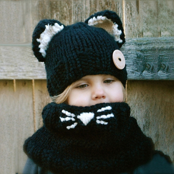 2 in 1 Autumn / Winter Children Wool Handmade Hat Cat Shape Hat + Bib Set, Colour: Black(S (54-56cm))