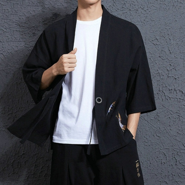 Men Loose Embroidery Hanfu Robe Cardigan, Size:XXXXXL(Black)