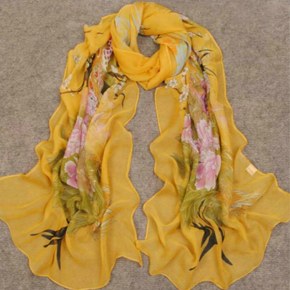 Ladies Peacock Flowers Printed Pattern Scarf Thin Chiffon Scarf Beach Sun Protection Shawl, Size:50×160cm(Yellow)