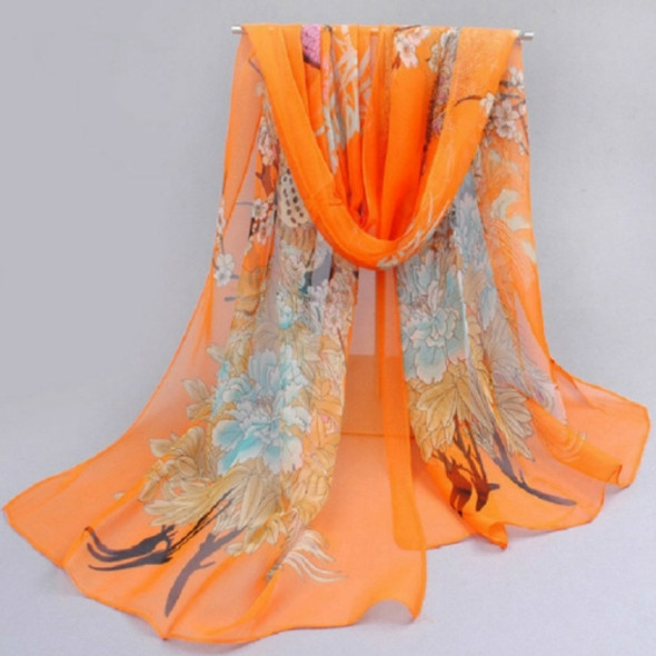 Ladies Peacock Flowers Printed Pattern Scarf Thin Chiffon Scarf Beach Sun Protection Shawl, Size:50×160cm(Orange)