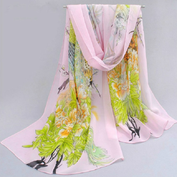 Ladies Peacock Flowers Printed Pattern Scarf Thin Chiffon Scarf Beach Sun Protection Shawl, Size:50×160cm(Pink)
