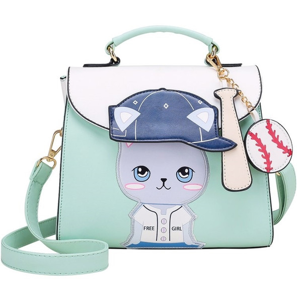 Baseball Cute Cat Pattern PU Leather Single Shoulder Bag Crossbody Bag Ladies Handbag (Blue)