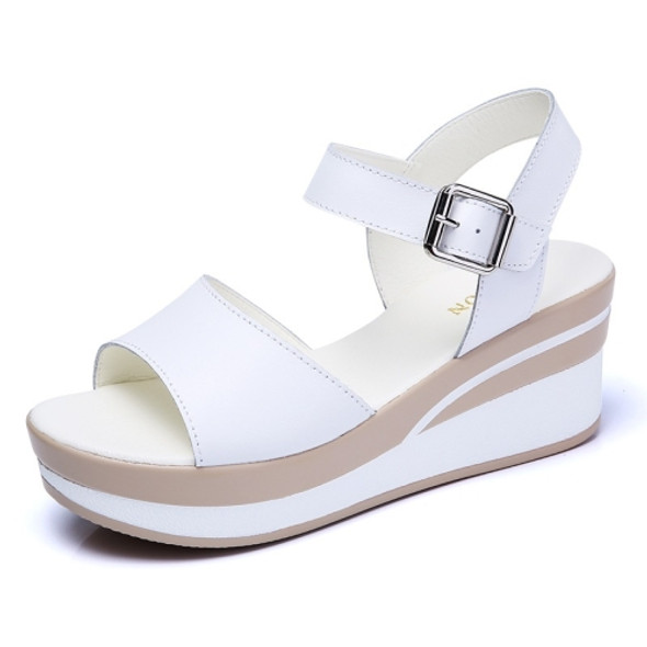 Buckle Wedge Casual Wild Sandals for Women (Color:White Size:37)