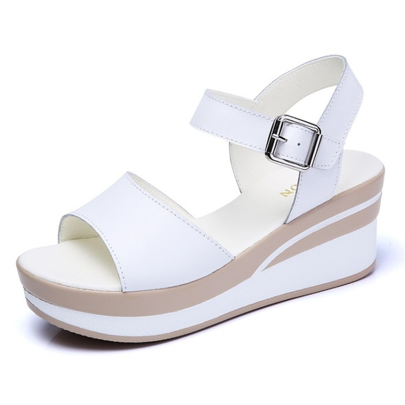 Buckle Wedge Casual Wild Sandals for Women (Color:White Size:38)