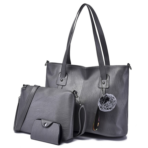 3 in 1 Casual PU Shoulder Bag Ladies Handbag Messenger Bag with Plush Ball (Grey)