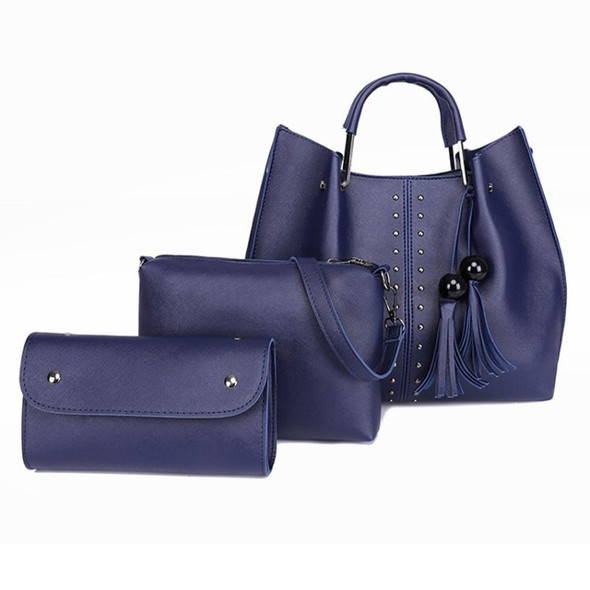 3 in 1 Crosss Texture PU Shoulder Bag Ladies Handbag Messenger Bag with Bead Tassel (Blue)