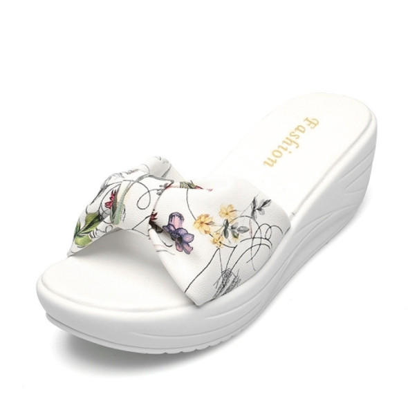 Bowknot Print Thick Bottom Increased Wedge Slippers Sandals for Women (Color:White Size:40)