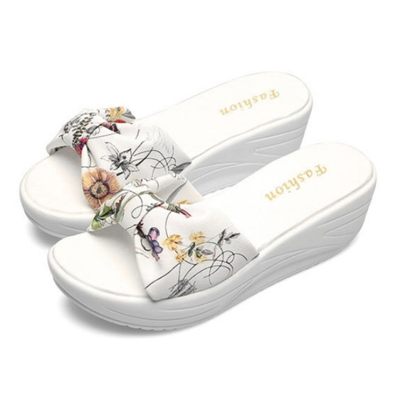 Bowknot Print Thick Bottom Increased Wedge Slippers Sandals for Women (Color:White Size:36)