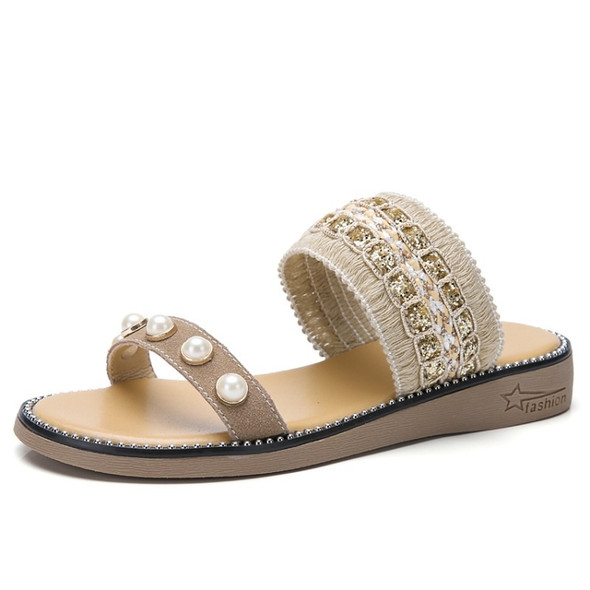 Lightweight Non-slip Wear-resistant Pearl Woven Lightweight Sandals for Women (Color:Brown Size:35)