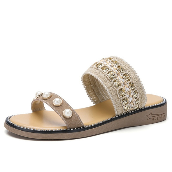 Lightweight Non-slip Wear-resistant Pearl Woven Lightweight Sandals for Women (Color:Brown Size:39)