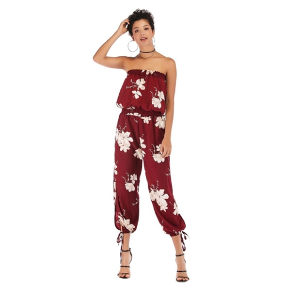 Summer Horizontal Neck Slim Backless Printed Casual Chiffon Jumpsuits for Women (Color:Red background white flowers Size:XL)