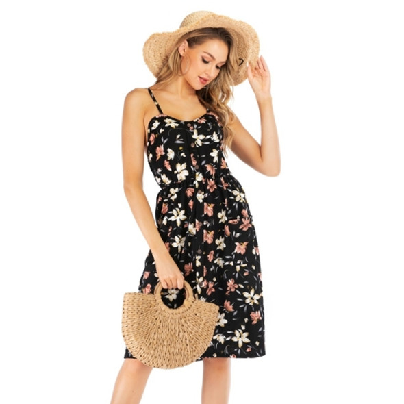 Sexy Floral Suspender Skirt Female Flower Print Dress Big Swing Skirt Female (Color:Black Size:L)