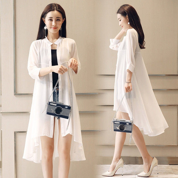 Women Mid-length Chiffon Cardigan Sunscreen Clothing Loose Thin Coat (Color:White Size:S)