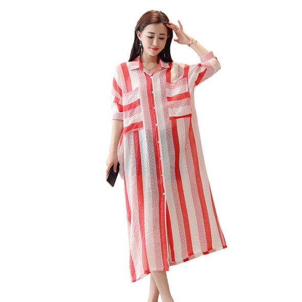 Women Striped Loose Long Flowy Sunscreen Thin Coat (Color:Red Size:XL)