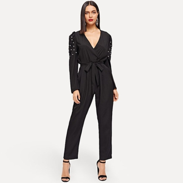 Lace-up V-neck Jumpsuit (Color:Black Size:M)