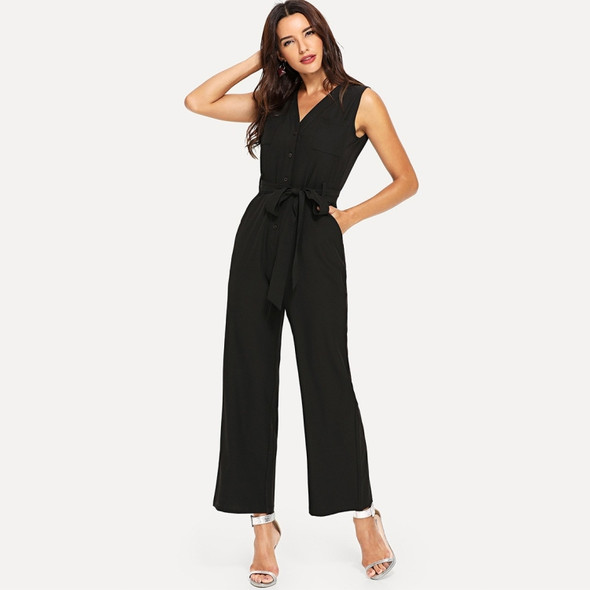 Fashion Sleeveless V-neck Strap Waist Wide Leg Pants Siamese (Color:Black Size:L)