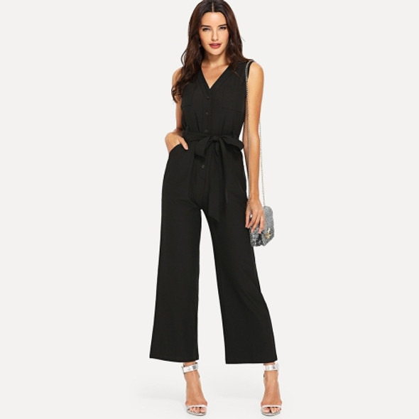 Fashion Sleeveless V-neck Strap Waist Wide Leg Pants Siamese (Color:Black Size:XL)