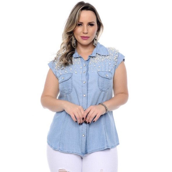 Plus Size Beaded Shirt (Color:Baby Blue Size:XL)