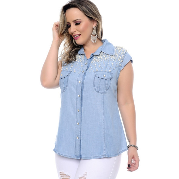 Plus Size Beaded Shirt (Color:Baby Blue Size:XL)