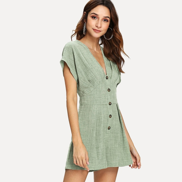 Elegant and Sexy High Waisted V-neck Button Decorative One-piece Dress (Color:Light Green Size:S)