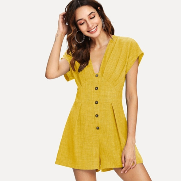 Elegant and Sexy High Waisted V-neck Button Decorative One-piece Dress (Color:Yellow Size:S)