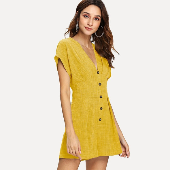 Elegant and Sexy High Waisted V-neck Button Decorative One-piece Dress (Color:Yellow Size:S)