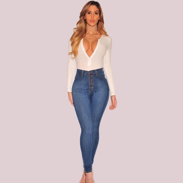 High Waist Stretch Slim Denim Pants (Color:Blue Size:XXXL)