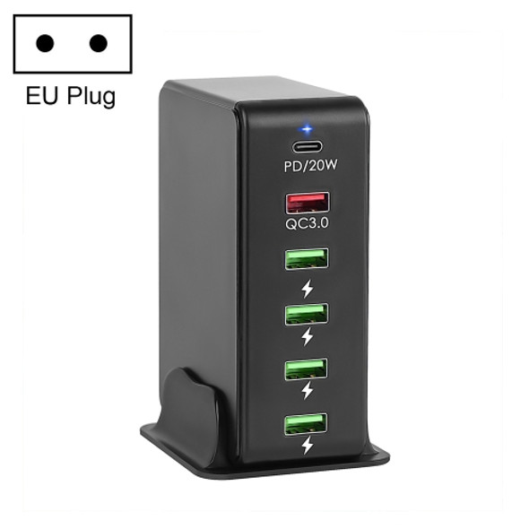 6 in 1 65W PD USB-C / Type-C + QC 3.0 USB + 4 USB Multi-port Travel Charger, EU Plug(Black)