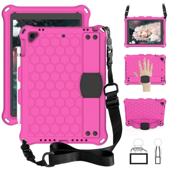 For iPad Air / Air 2 / Pro 9.7 / iPad 9.7 (2017) /  iPad 9.7 (2018) Honeycomb Design EVA + PC Four Corner Shockproof Protective Case with Straps(RoseRed+Black)