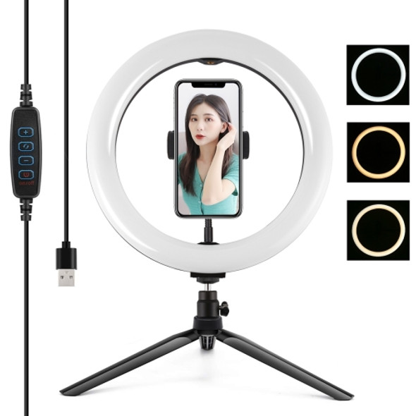 PULUZ 10.2 inch 26cm Selfie Beauty Light + Desktop Tripod Mount USB 3 Modes Dimmable LED Ring Vlogging Selfie Photography Video Lights with Cold Shoe Tripod Ball Head & Phone Clamp(Black)
