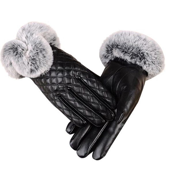Women PU Leather Gloves Imitated Rabbit Fur Thick Warm Winter and Autumn Female Gloves(Black)