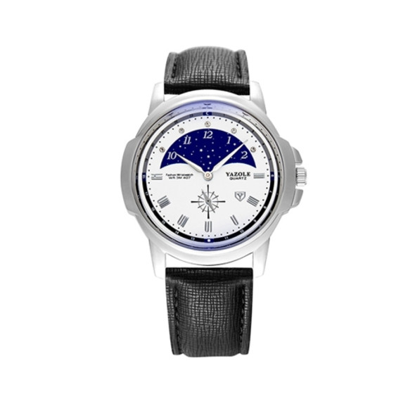 407 YAZOLE Men Fashion Business Leather Band Quartz Wrist Watch(Black + White)