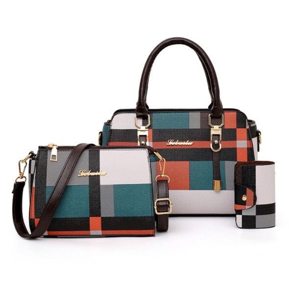 3 In 1 Fashion Color Matching Stripe Handbag Shoulder Bag (Green Lake)