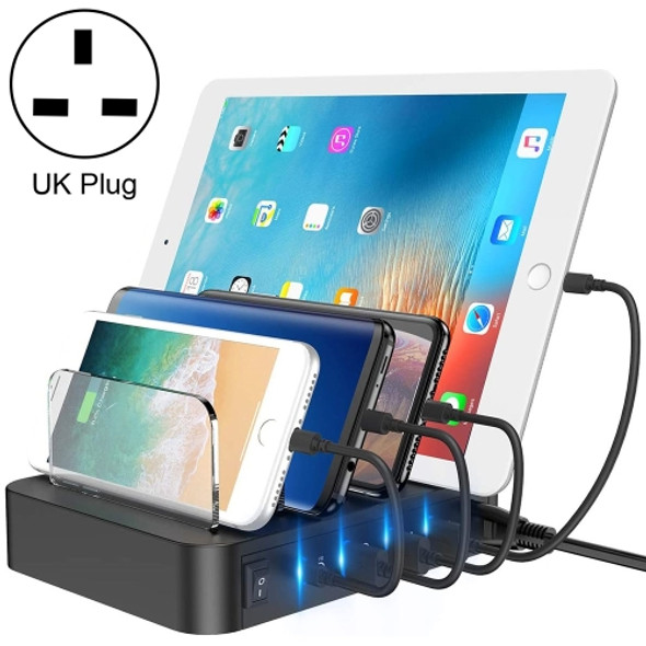 PW016 70W PD USB-C / Type-C + QC 3.0 USB + 2 USB 2.0 Ports Smart Charger with Detachable Bracket, UK Plug