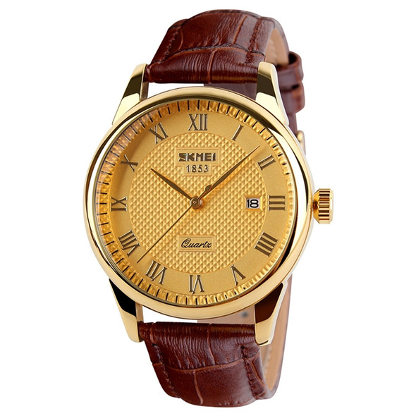 SKMEI 9058 Multifunctional Outdoor Fashion Waterproof Gold Shell Quartz Wrist Watch(Men Style Gold Face Brown Strap)