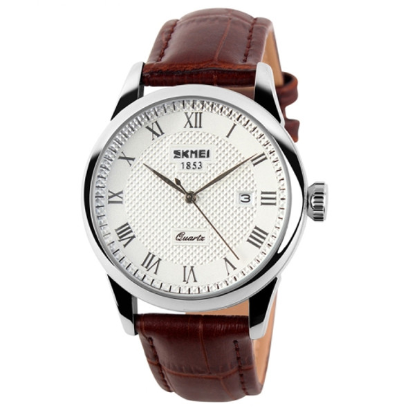 SKMEI 9058 Multifunctional Outdoor Fashion Waterproof Silver Shell Quartz Wrist Watch (Men Style Silver Face Brown Strap)