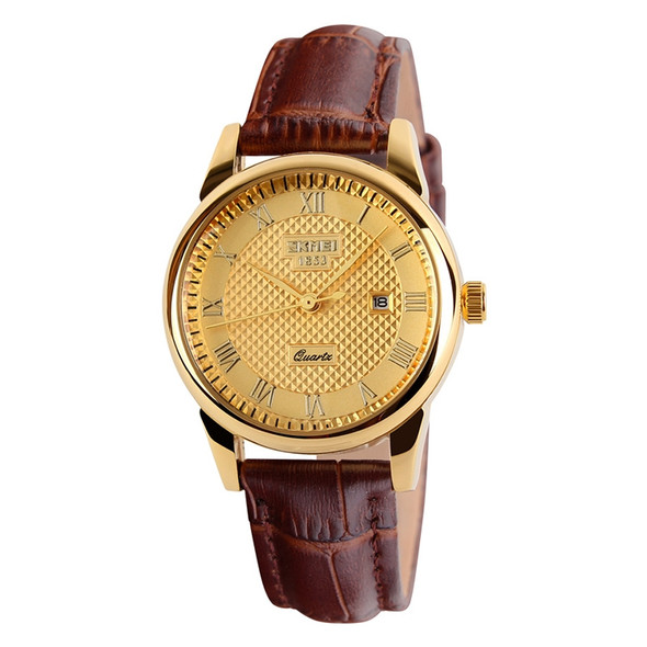 SKMEI 9058 Multifunctional Outdoor Fashion Waterproof Gold Shell Quartz Wrist Watch(Women Style Gold Face Brown Strap)