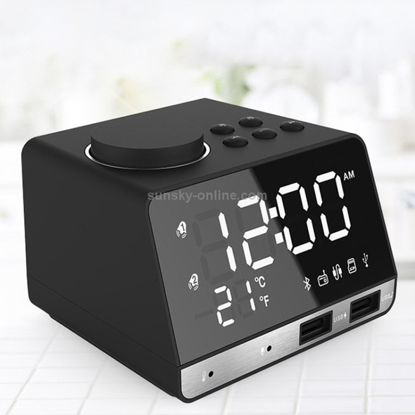 K11 Bluetooth Alarm Clock Speaker Creative Digital Music Clock Display Radio with Dual USB Interface, Support U Disk / TF Card / FM / AUX, UK Plug(Black)