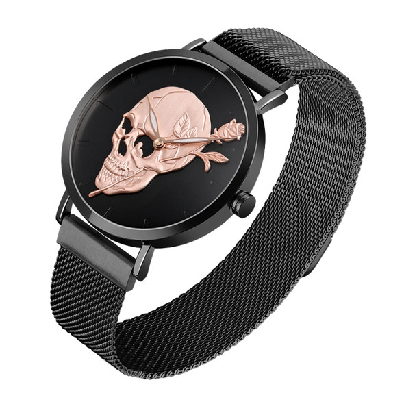 SKMEI 9173 Fashion Trend Skull Head Surface Business Strong Magnetic Buckle Stainless Steel Belt Men Quartz Watch(Black)