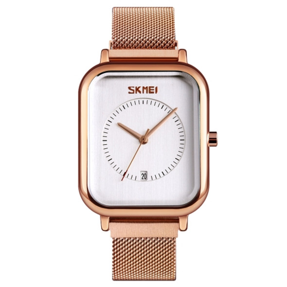 SKMEI 9207 Fashion Creative Simple Watch Men Magnetic Buckle Mesh Belt Steel Belt Couple Quartz Watch(Rose Gold White)