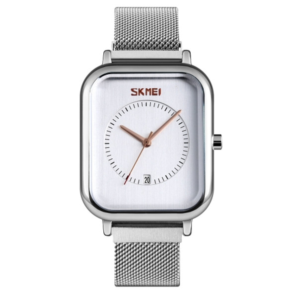 SKMEI 9207 Fashion Creative Simple Watch Men Magnetic Buckle Mesh Belt Steel Belt Couple Quartz Watch(Silver White)