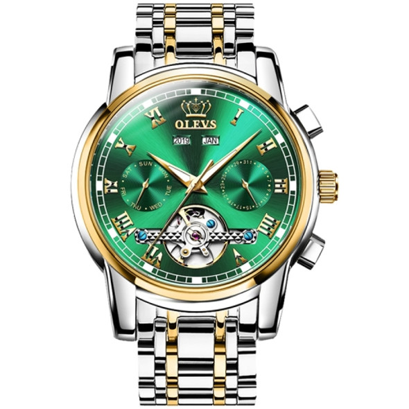 OLEVS 6607 Multi-function Men Big Flywheel Automatic Waterproof Mechanical Watch(Silver Gold Green)