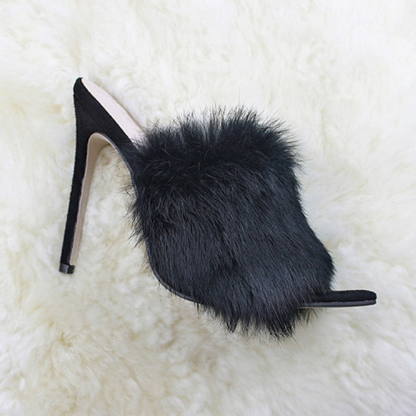 Rabbit Fur High Heel Sandals Party Women Shoes, Size:43(Black)