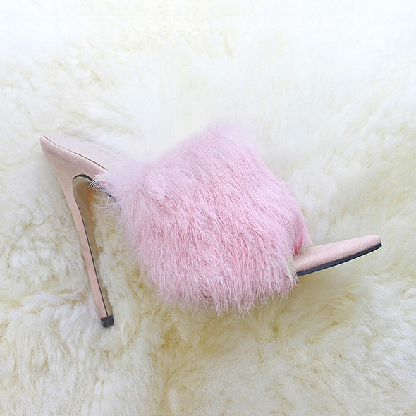 Rabbit Fur High Heel Sandals Party Women Shoes, Size:42(Pink)