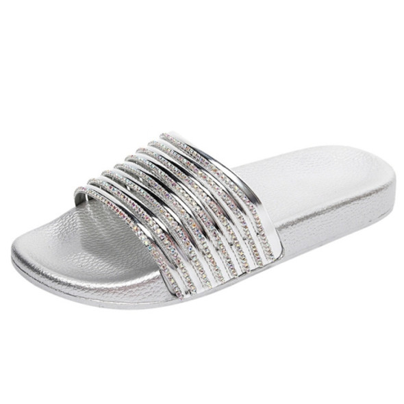 Women Solid Color Casual Glossy Flash Drill Slippers, Shoe Size:38(Silver)