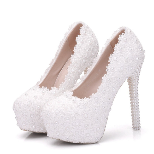 Pearl Lace Wedding Shoes Stiletto Women High Heels, Size:37(White)