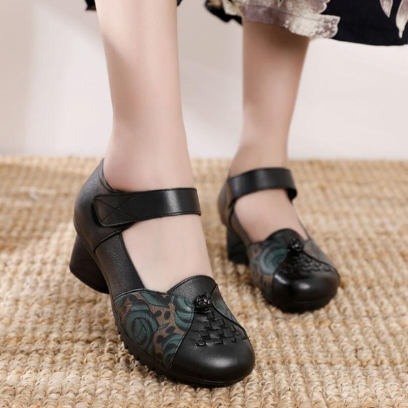 Women Shoes Leather Square Heel Shoes, Size:38(Black)