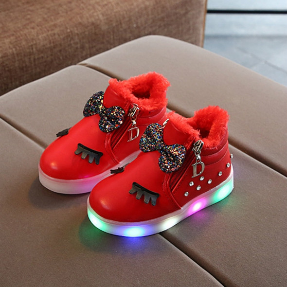 Kids Shoes Baby Infant Girls Eyelash Crystal Bowknot LED Luminous Boots Shoes Sneakers, Size:36(Red with Cotton)